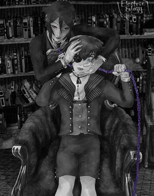 Characters from Black Butler (黒執事), Ciel Phantomhive and Sebastian Michaelis. Drawn for my friend Clem.