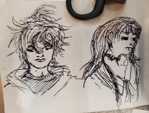 Pen sketch(es) that I've made quickly at work. Characters from 100 Line Last Defense Academy.