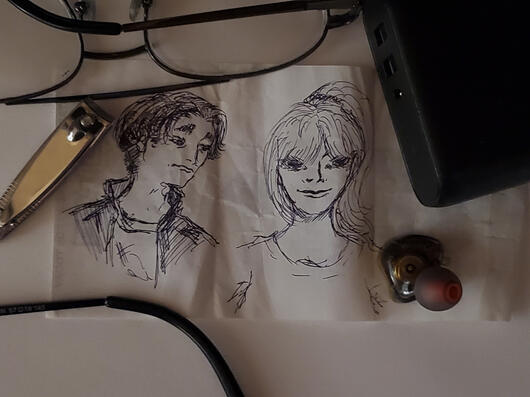 Pen sketch(es) that I've made quickly at work. Characters from 100 Line Last Defense Academy.