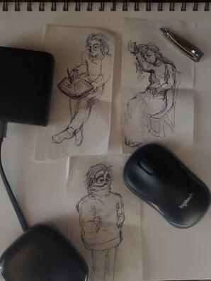 Pen sketch(es) that I've made quickly at work. Characters from 100 Line Last Defense Academy.