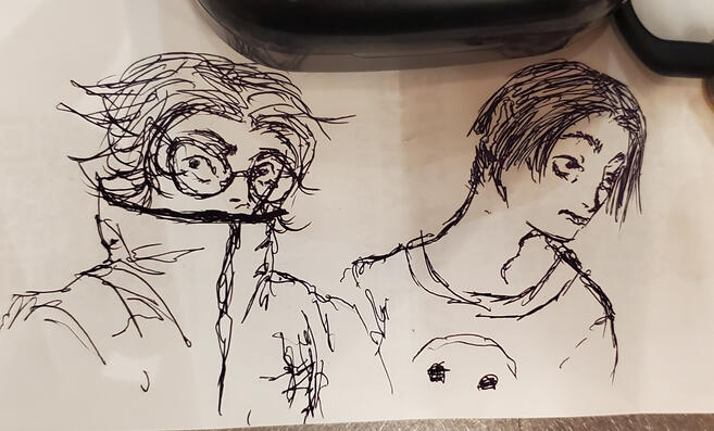 Pen sketch(es) that I've made quickly at work. Characters from 100 Line Last Defense Academy.