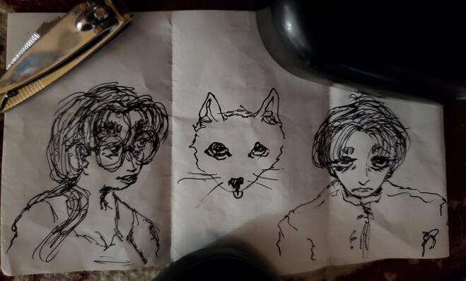 Pen sketch(es) that I've made quickly at work. One character from 100 Line Last Defense Academy and two Original Characters.