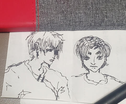 Pen sketch(es) that I've made quickly at work. Characters from 100 Line Last Defense Academy.