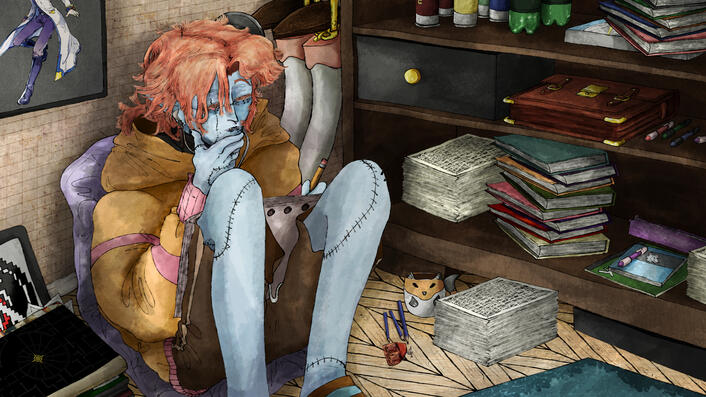 Original character and design, Florian Carver. A Frankenstein's monster and vampire hybrid character in a candid (relaxed) setting. This is the closed eyes version.