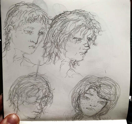 Various sketches of characters from Fear & Hunger Termina. Levi, Pavel, Daan, and Abella.
